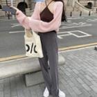Long-sleeve Plain Knit Cardigan / Halter Camisole / Wide-leg Pants