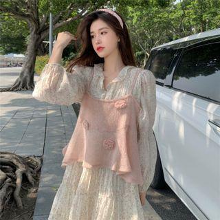 Puff-sleeve Floral Print Midi A-line Dress / Camisole Top