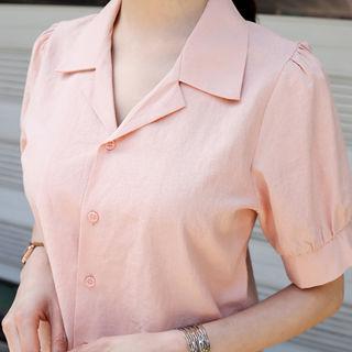 Notched-collar Puff-sleeve Linen Blend Blouse