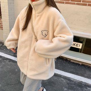 Bear Embroidered Fluffy Zip Jacket