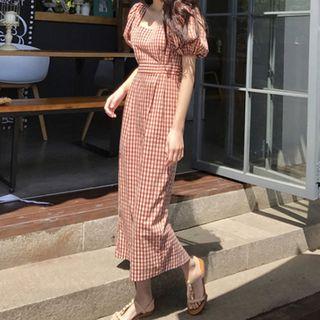 Gingham Puff-sleeve Midi Sheath Dress