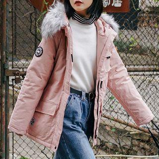 Furry-trim Hooded Padded Zip Jacket Pink - One Size
