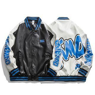 Two-tone Faux Leather Lettering Baseball Jacket