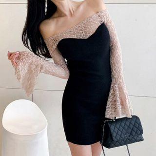 Bell-sleeve Off-shoulder Mini Bodycon Lace Dress