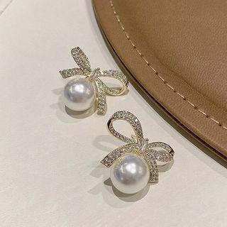 Faux Pearl Bow Drop Earring 1 Pair - Silver Needle - White - One Size