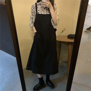 3/4-sleeve Leopard Print Shirt / A-line Midi Pinafore Dress