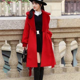 Fleece Panel Notch Lapel Tie-waist Coat