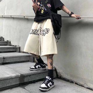 Drawstring Waist Letter Embroidered Wide-leg Shorts