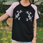 Floral Embroidered Color Block Short-sleeve T-shirt