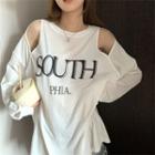 Long Sleeve Cold Shoulder Letter Print Oversized T-shirt
