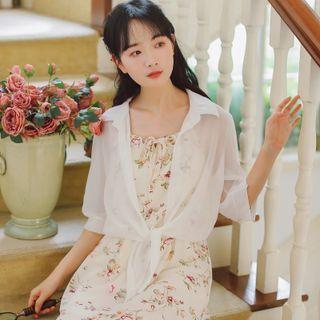 Set: Elbow-sleeve Tied Shirt + Spaghetti Strap Floral Print Midi Dress