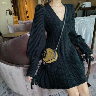 V-neck Balloon-sleeve Knit Dress