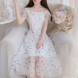 Off Collar Embroidered Dotted Ruffle Dress