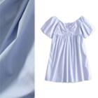 Plain Puff-sleeve Shirred Mini A-line Dress