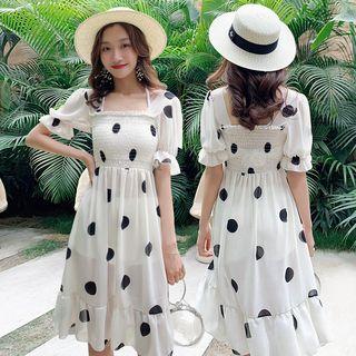Set: Spaghetti-strap Cropped Swim Top + Bottom + Dotted A-line Midi Dress