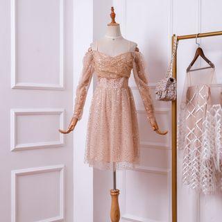 Long-sleeve Cold Shoulder Sequined Midi Dress