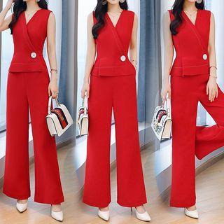 Set: Sleeveless One Buttoned Top + Wide-leg Pants