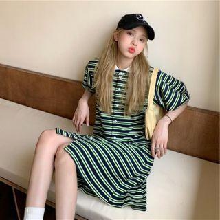 Elbow-sleeve Striped Mini A-line Dress Green - One Size