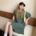 Elbow-sleeve Striped Mini A-line Dress Green - One Size