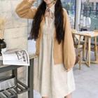 Open-front Cardigan / Balloon-sleeve Bow Midi Shirtdress / Set