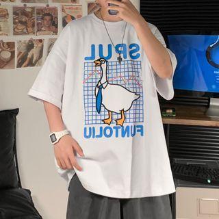 Duck Print Elbow Sleeve Oversized Tee