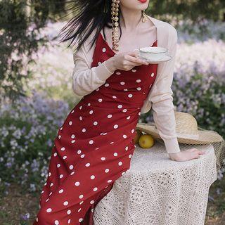 Dotted Strappy Midi Dress / Light Jacket / Set