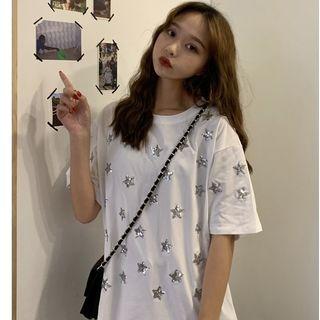 Star Sequin Wide Short-sleeve T Shirt Semi Sleeve Top