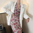 Plain Long-sleeve Blazer / Floral Printed V-neck Long-sleeve Dress