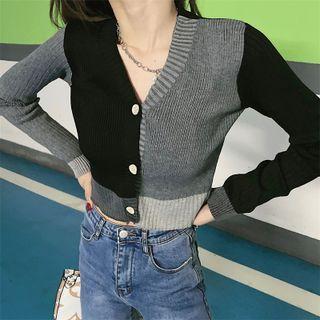 V-neck Color Block Cropped Cardigan Black & Gray - One Size