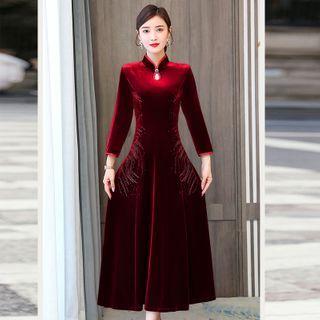 Mandarin Collar Velvet Midi A-line Dress