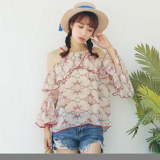 Floral Print Cut Out Shoulder Long Sleeve Chiffon Top