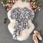 Puff-sleeve Floral Print Irregular Top