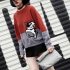 Dog Print Color Block Sweater