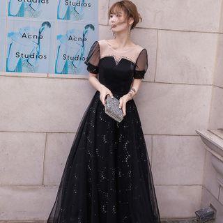 Short-sleeve Star Print A-line Evening Gown