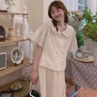 Asymmetrical Short-sleeve Blouse / Midi A-line Skirt