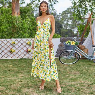 Open-back Slit Strappy Maxi A-line Dress