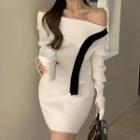 Long-sleeve Off-shoulder Knit Mini Dress White - One Size