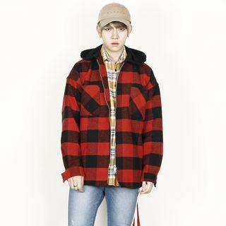 Wool-blend Check-pattern Hoodie Jacket