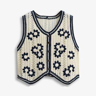 Flower Single-breasted Crochet Vest