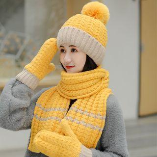 Set: Pom Pom Two-tone Knit Beanie + Scarf + Mittens