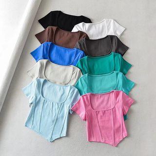 Short-sleeve Square Neck Asymmetrical T-shirt
