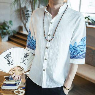 Elbow-sleeve Mandarin Collar Embroidery Shirt