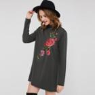 Turtleneck Rose Embroidered Long-sleeve T-shirt