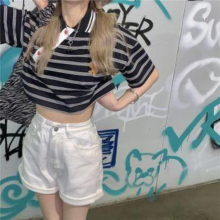 Short-sleeve Striped Cropped Polo Shirt Black - One Size