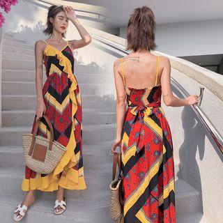 Printed Spaghetti Strap V-neck Open-back Maxi Sundress