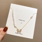 Butterfly Rhinestone Pendant Faux Pearl Necklace X688 - White Faux Pearl - Gold - One Size