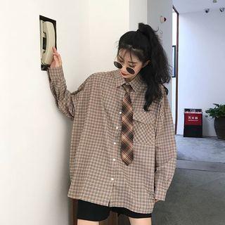 Plaid Long-sleeve Loose-fit Shirt With Tie