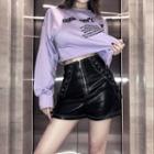 Printed Long-sleeve Cropped Top / Faux Leather Zip Shorts