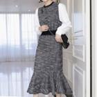 Inset Tweed Ruffle-hem Midi Dress