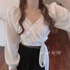 Eyelet Lace V-neck Long-sleeve Crop Top White - One Size